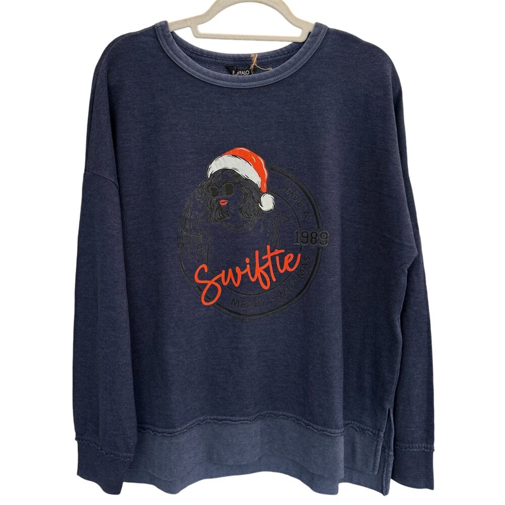 Buffalo Soft French Terry Crewneck Sweatshirt Merry Swiftmas Relaxed Fit Blue M